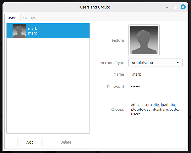 users and groups window