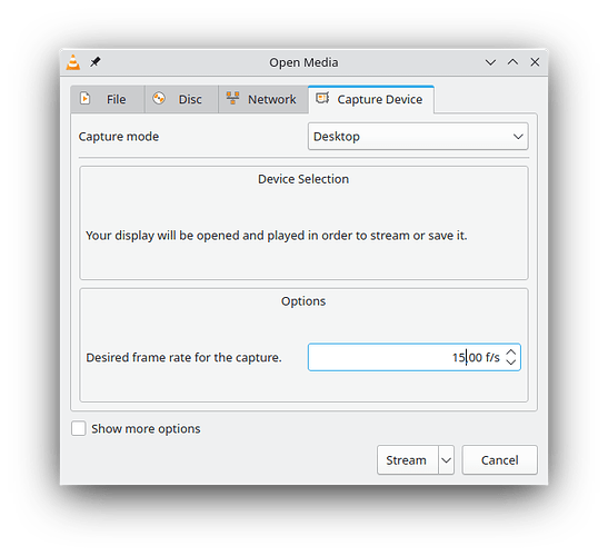 Screenshot of VLC's streaming input menu