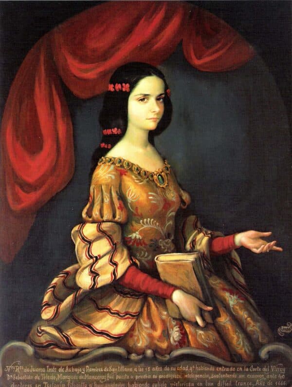 Juana Inés de la Cruz, a young woman with black hair and in a colourful Renaissance dress, holding a book in her hand